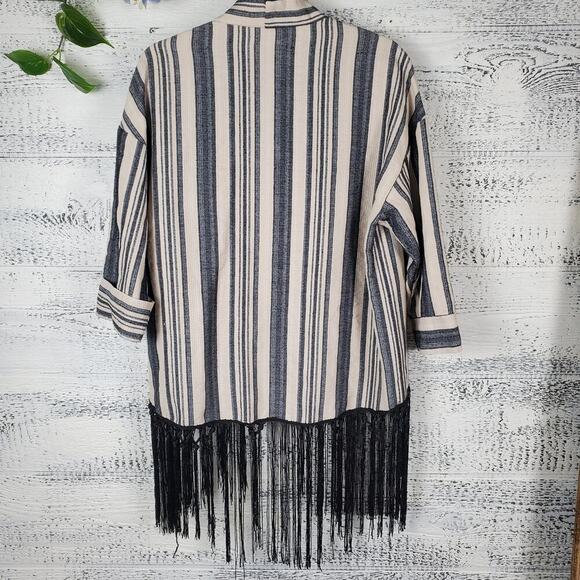 Zara Basic Neutral Striped 3/4 Sleeves Fringe Kimono Ecru Size Small - Picture 9 of 10